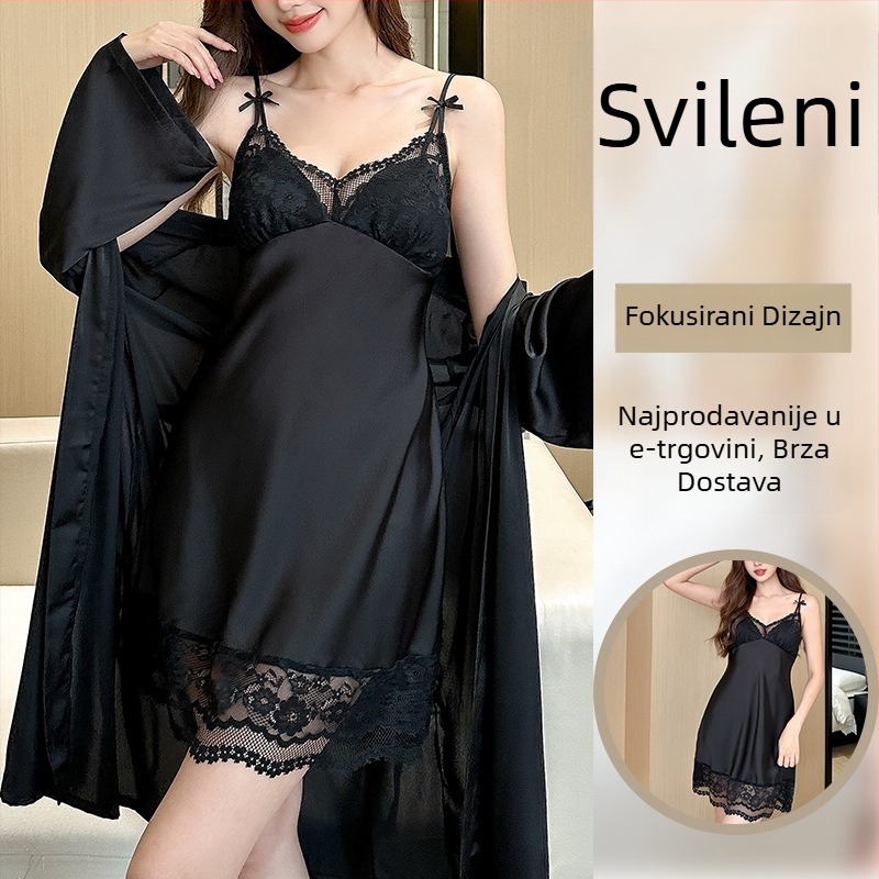 Pidžama od ledene svile s čipkom i naramenicama — dugačak rukav, dvodijelni set s jastučićima za grudima