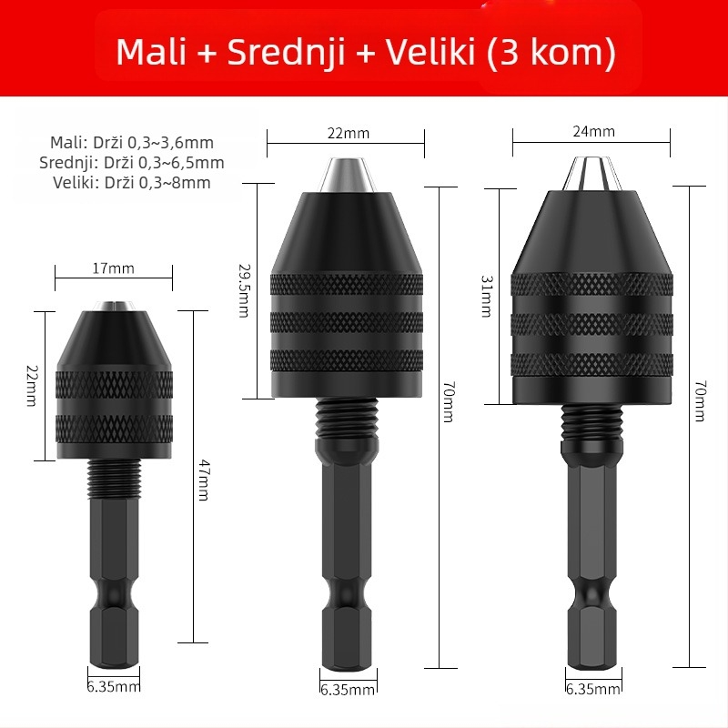 Šesterokutna ručka, mandrina s tri čeljusti, brzi produžni držač za konverziju bušilice, 36V, nehrđajući čelik