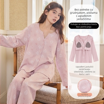 Ženske pidžame s umetkom za prsni dio, lagano imitativno pamukovo tkivo (95–100% pamuka), V-izrez, dugi rukavi i hlače, slatko i udobno kućno odijevanje