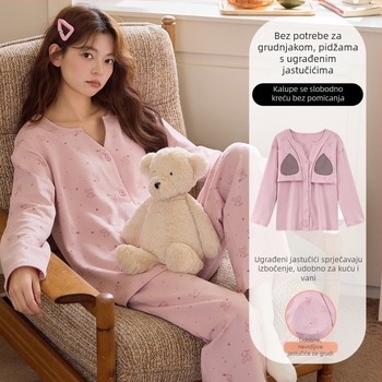 Ženske pidžame s umetkom za prsni dio, lagano imitativno pamukovo tkivo (95–100% pamuka), V-izrez, dugi rukavi i hlače, slatko i udobno kućno odijevanje