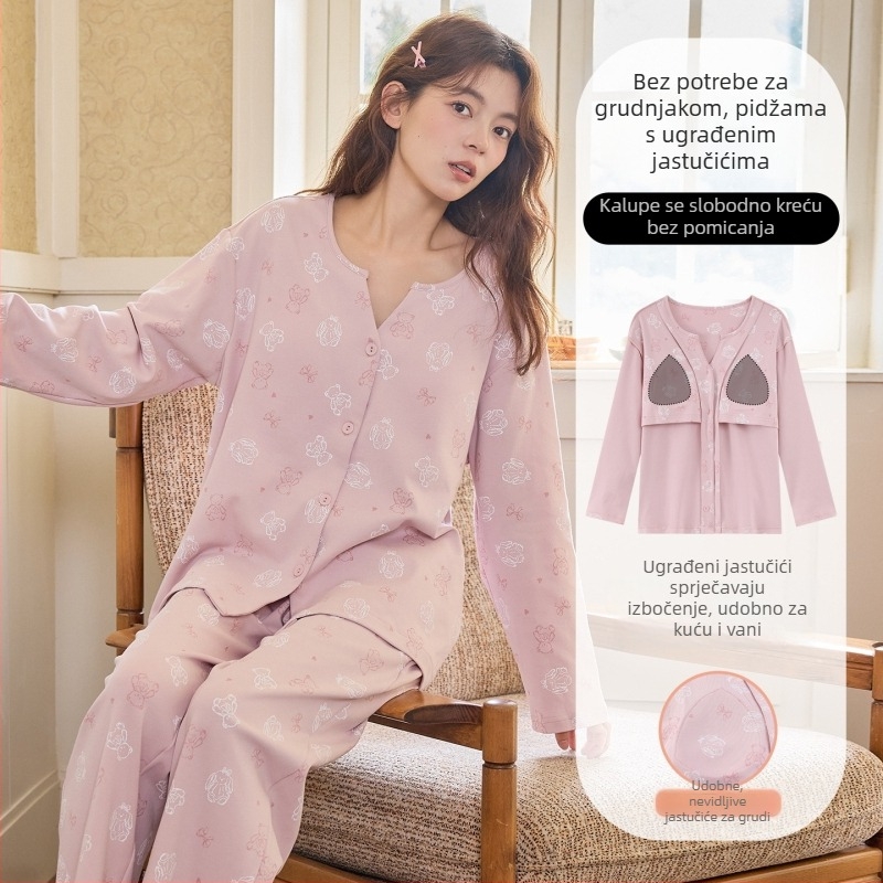 Ženske pidžame s umetkom za prsni dio, lagano imitativno pamukovo tkivo (95–100% pamuka), V-izrez, dugi rukavi i hlače, slatko i udobno kućno odijevanje