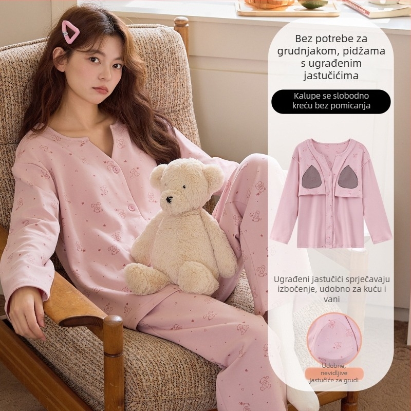 Ženske pidžame s umetkom za prsni dio, lagano imitativno pamukovo tkivo (95–100% pamuka), V-izrez, dugi rukavi i hlače, slatko i udobno kućno odijevanje
