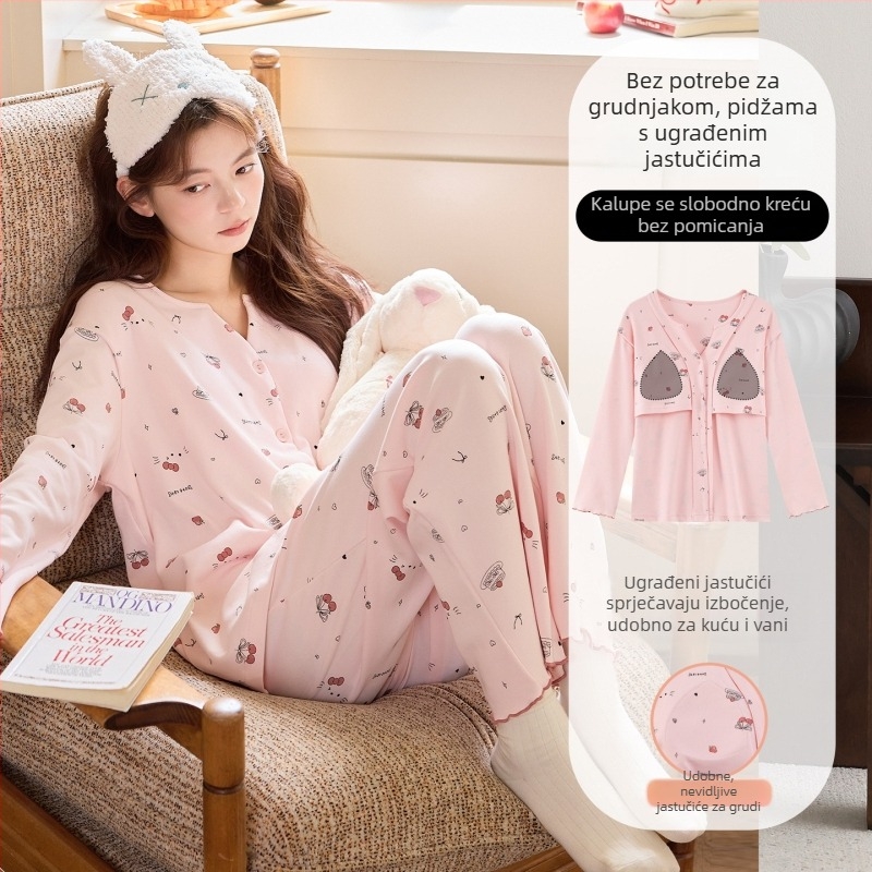 Ženske pidžame s umetkom za prsni dio, lagano imitativno pamukovo tkivo (95–100% pamuka), V-izrez, dugi rukavi i hlače, slatko i udobno kućno odijevanje