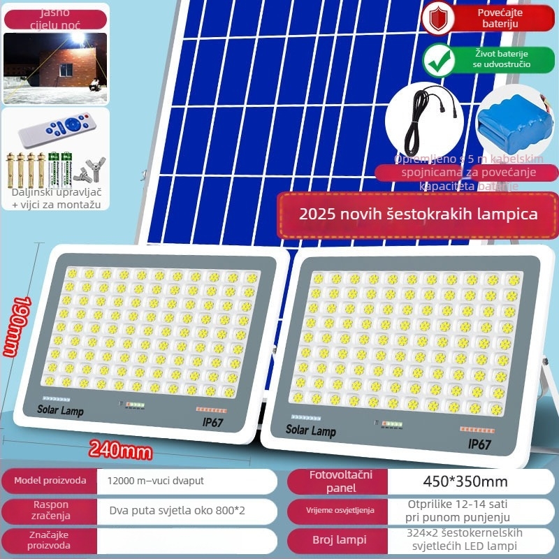 Solarna vanjska lantern za dvorište, IP67, daljinski upravljač, 6V, raspon osvjetljenja 200 m²+, 12–16 sati rada, Fire Dragon