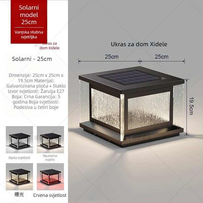 Solarna LED lampica za stupac – vanjska IP65 vodootporna, 20W, 220V, daljinsko upravljanje
