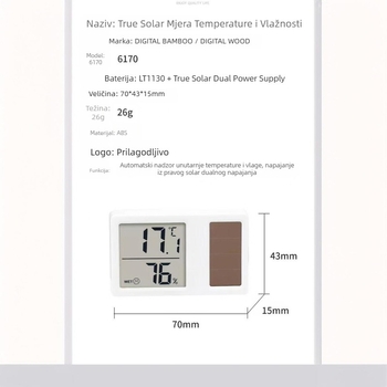 Solaranom energijom napajan digitalni unutarnji higrometar i termometar – raspon temperature -25 do 60°C, mogućnost prilagodbe, porijeklo Putian