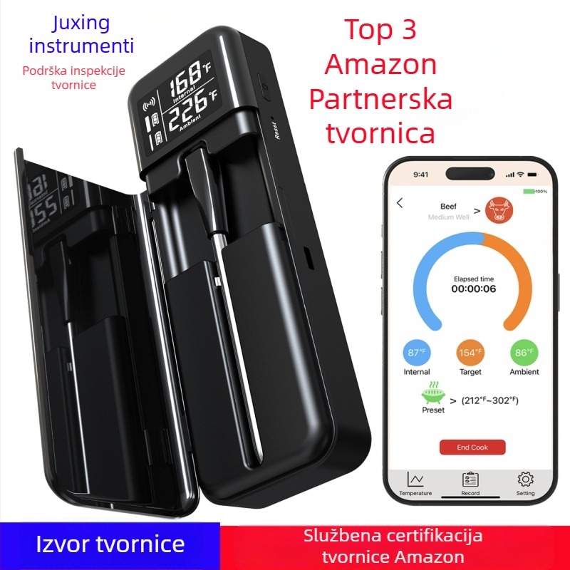 Termometar za hranu s Bluetoothom, pametnom aplikacijom i digitalnim zaslonom; rezolucija temperature 1°C/1.8°F; brzina mjerenja 0,6 s; sonda od 304 nehrđajućeg čelika