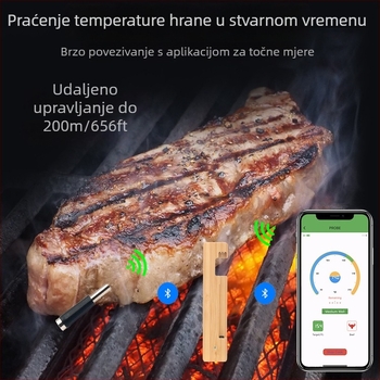 Termometar za meso Bluetooth, bežični, otporan na visoke temperature; sonda od 304 nehrđajućeg čelika; baza od bambusa; mogućnost privatne oznake