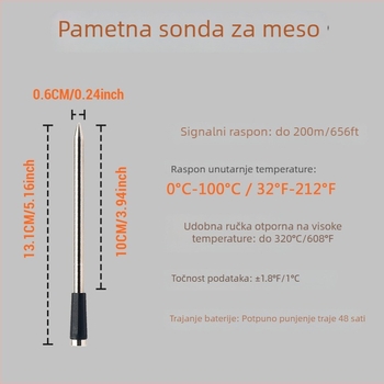 Termometar za meso Bluetooth, bežični, otporan na visoke temperature; sonda od 304 nehrđajućeg čelika; baza od bambusa; mogućnost privatne oznake