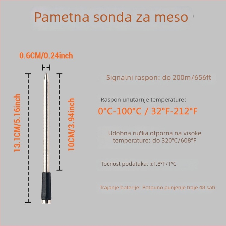 Termometar za meso Bluetooth, bežični, otporan na visoke temperature; sonda od 304 nehrđajućeg čelika; baza od bambusa; mogućnost privatne oznake
