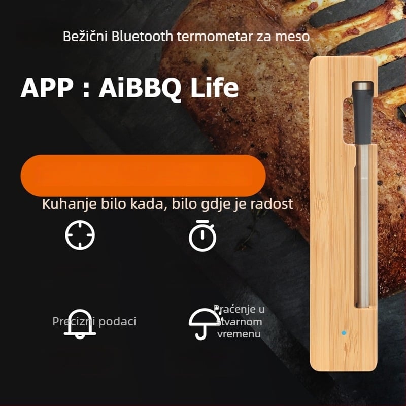 Termometar za meso Bluetooth, bežični, otporan na visoke temperature; sonda od 304 nehrđajućeg čelika; baza od bambusa; mogućnost privatne oznake