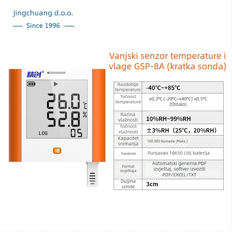 GSP-8A Registrator temperature i vlage sa velikim zaslonom za medicinske hladnjake, ormariće s lijekovima, arhive, laboratorije i skladišne prostore; USB napajanje ili 3,6V jednokratna litijska baterija