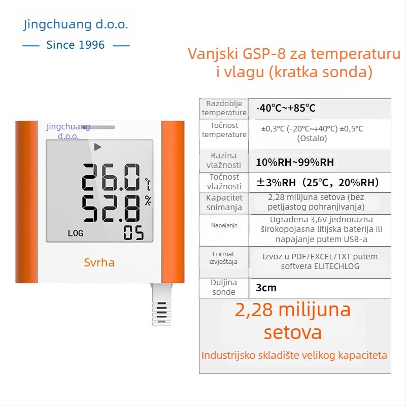 GSP-8A Registrator temperature i vlage sa velikim zaslonom za medicinske hladnjake, ormariće s lijekovima, arhive, laboratorije i skladišne prostore; USB napajanje ili 3,6V jednokratna litijska baterija
