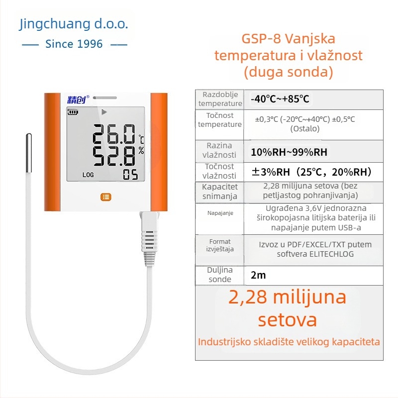 GSP-8A Registrator temperature i vlage sa velikim zaslonom za medicinske hladnjake, ormariće s lijekovima, arhive, laboratorije i skladišne prostore; USB napajanje ili 3,6V jednokratna litijska baterija