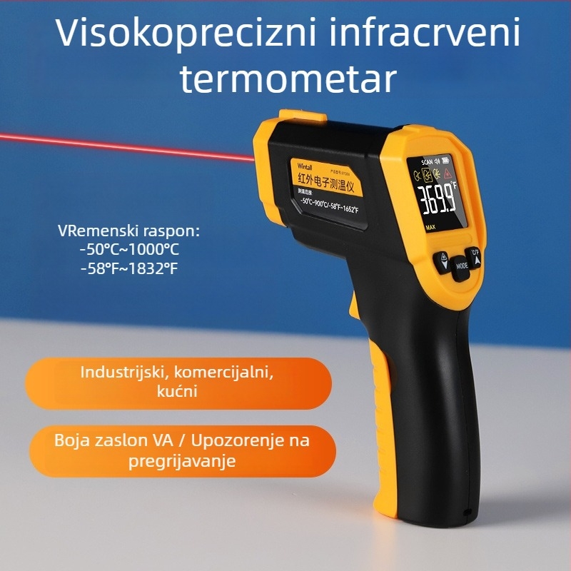 Ručni infracrveni termometar s VA bojom zaslona, -50°C do 1000°C, točnost 0.1°C, odziv ≤250 ms, baterije AAA (2)
