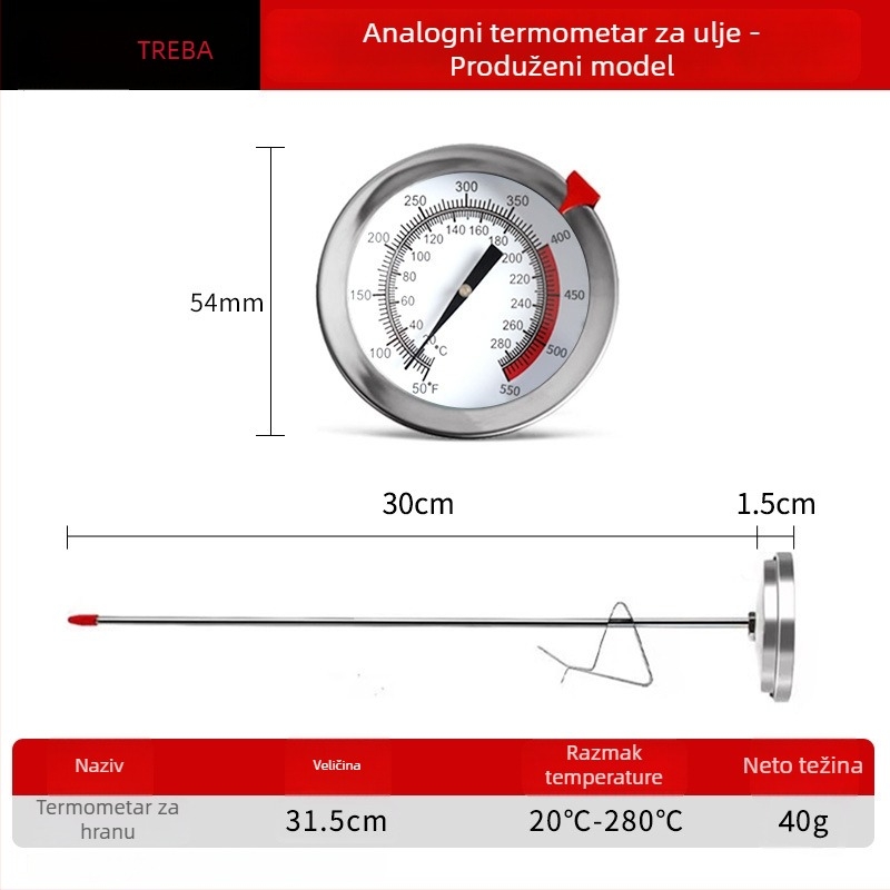 Termometar za ulje sa nehrđajućom sondom, digitalni zaslon, tajmer, visoka preciznost, kuhinja i pečenje