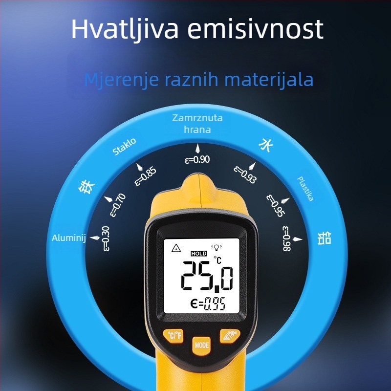 Infrared temperaturni pištolj za industrijsku upotrebu – visoka preciznost, brzina odziva 0,5 ms, mjerenje uljne temperature, baterije AAA x2