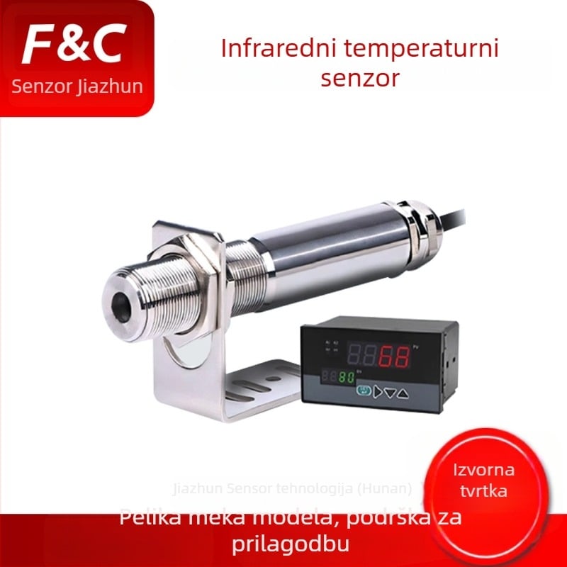 Infracrveni senzor temperature s inline transmiterom — nekontaktna metalna IR sonda; Okolišna temperatura 0–60°C; Napajanje DC24V; Kućište: nehrđajući čelik