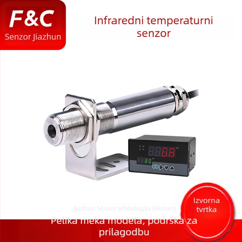 Infracrveni senzor temperature s inline transmiterom — nekontaktna metalna IR sonda; Okolišna temperatura 0–60°C; Napajanje DC24V; Kućište: nehrđajući čelik