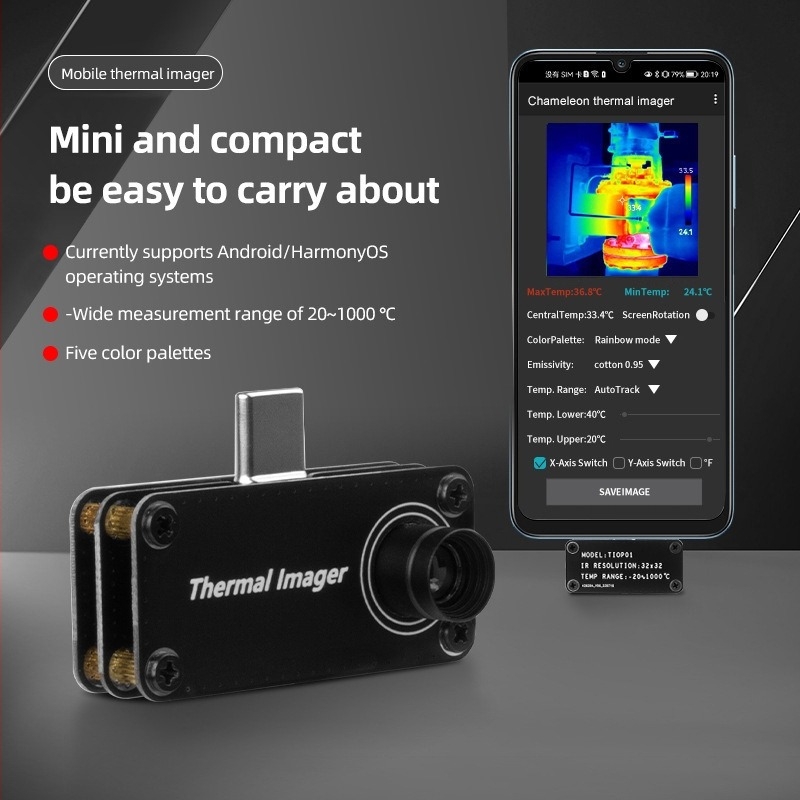 Android USB-C termalna kamera TIOP01 za mjerenje temperature, rezolucija 32×32