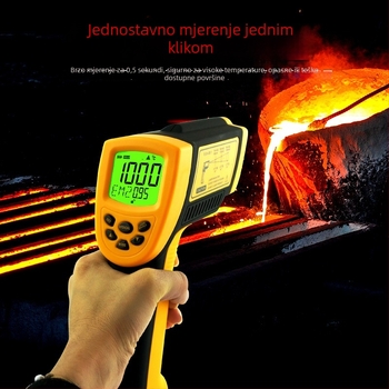Infračrveni termometar AR862D+ — prijenosni za industrijsku upotrebu, raspon -50℃ do 1000℃, točnost ±2℃/2%, rezolucija 0.1℃, LCD zaslon, odzivno vrijeme 500 ms