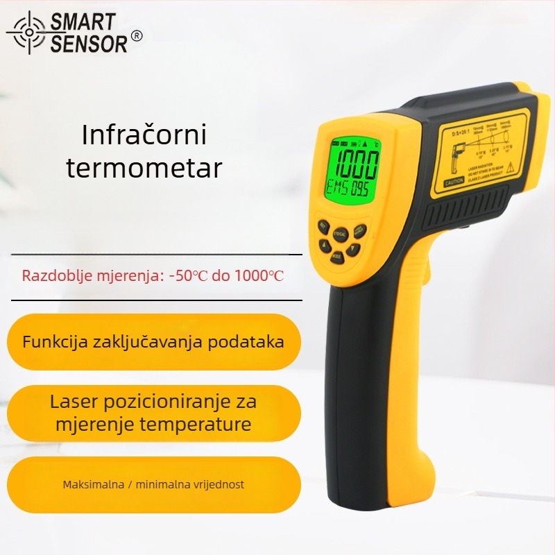 Infračrveni termometar AR862D+ — prijenosni za industrijsku upotrebu, raspon -50℃ do 1000℃, točnost ±2℃/2%, rezolucija 0.1℃, LCD zaslon, odzivno vrijeme 500 ms