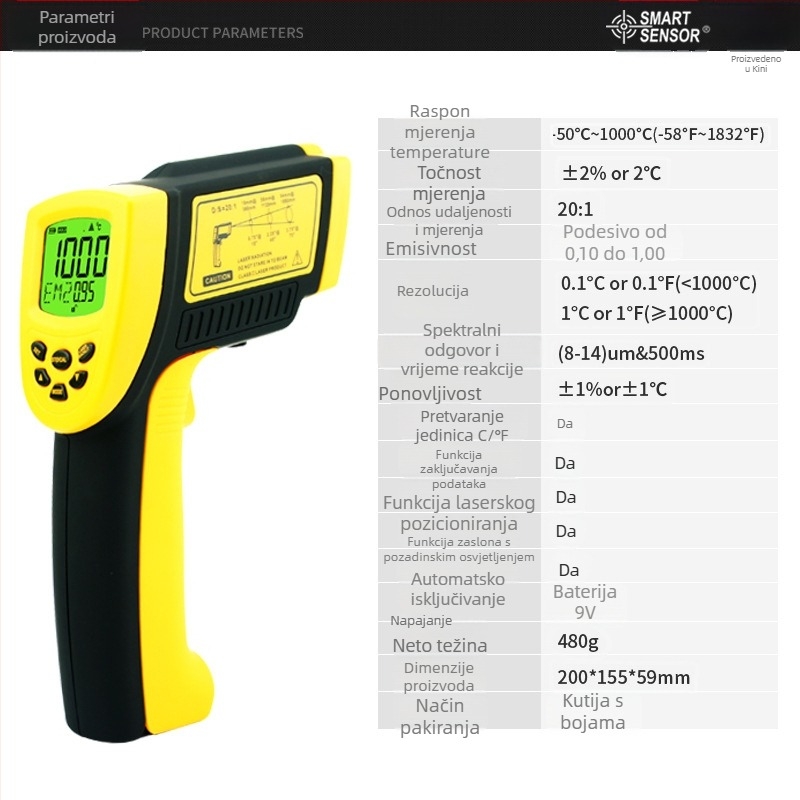 Infračrveni termometar AR862D+ — prijenosni za industrijsku upotrebu, raspon -50℃ do 1000℃, točnost ±2℃/2%, rezolucija 0.1℃, LCD zaslon, odzivno vrijeme 500 ms