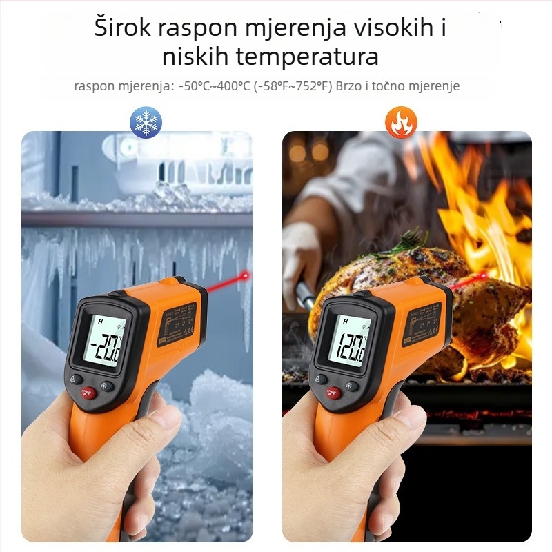 Infračrveni termometar, ručni, industrijski za kuhinju, raspon -50 °C do 400 °C