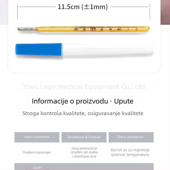 Trokutasti stakleni termometar sa živom za oralnu i pazušnu uporabu, medicinske kvalitete, kućna uporaba, za djecu i odrasle
