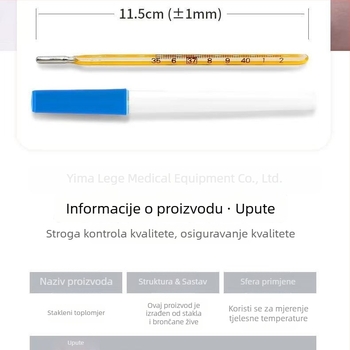 Trokutasti stakleni termometar sa živom za oralnu i pazušnu uporabu, medicinske kvalitete, kućna uporaba, za djecu i odrasle