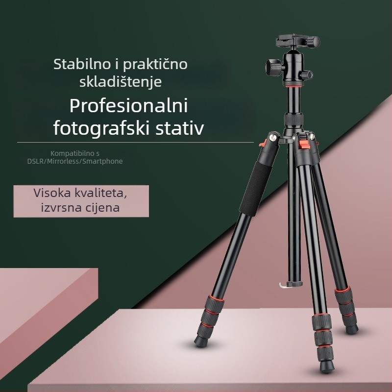 Profesionalni aluminijski tripod za fotografiju i prijenos uživo na mobilnom telefonu uz mjerenje temperature i nosača projektora (Najveće opterećenje 15 kg; Radna visina 1570 mm; Promjer cijevi 25 mm; 4 odjeljka; Težina 1,37 kg)