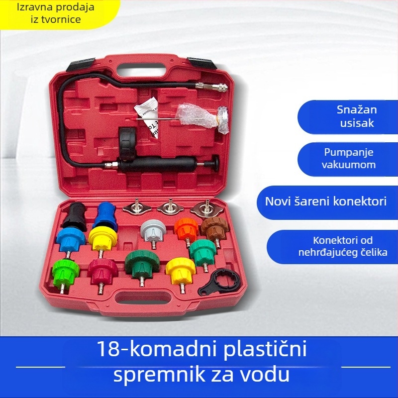 34-dijelni set za otkrivanje curenja u vodnom spremniku uz alate za zamjenu antifriza i rashladne tekućine te vakuumskim manometrom