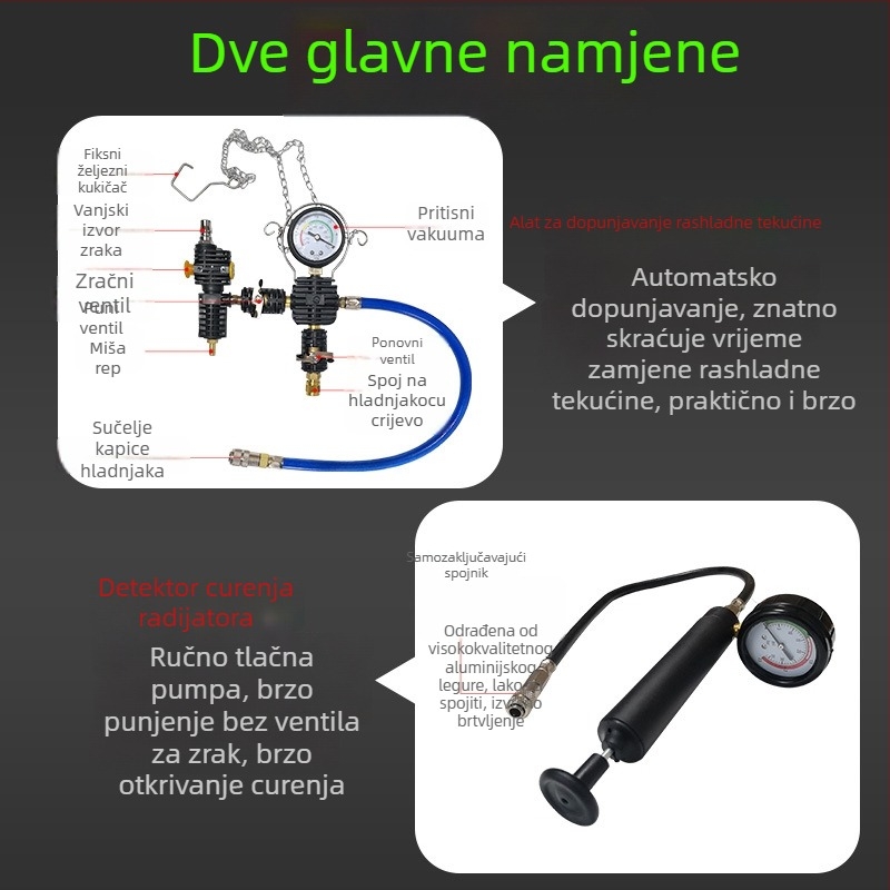 Detektor curenja u sustavu hlađenja automobila s tlačnim punjenjem, vakuumom i zamjenom antifriza