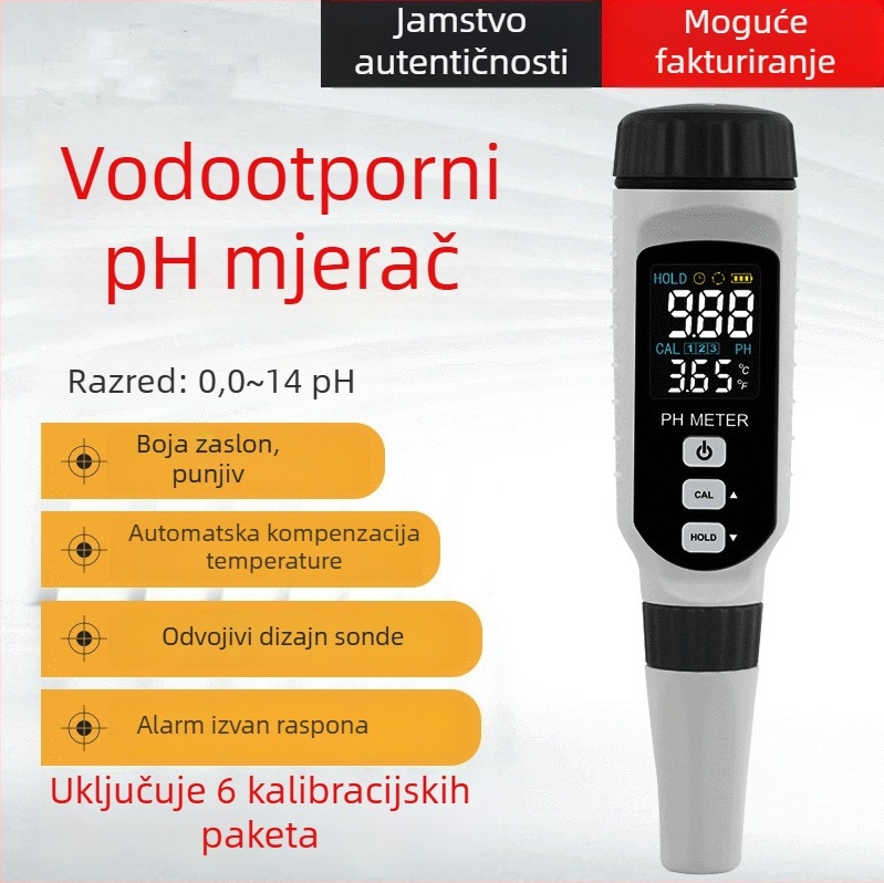 Prijenosni pH mjerač PH828+ od HUAJIAYI s kompozitnom elektrodom, raspon pH 0.00–14.00, točnost ±0.05 pH, temperaturna kompenzacija 0–70°C