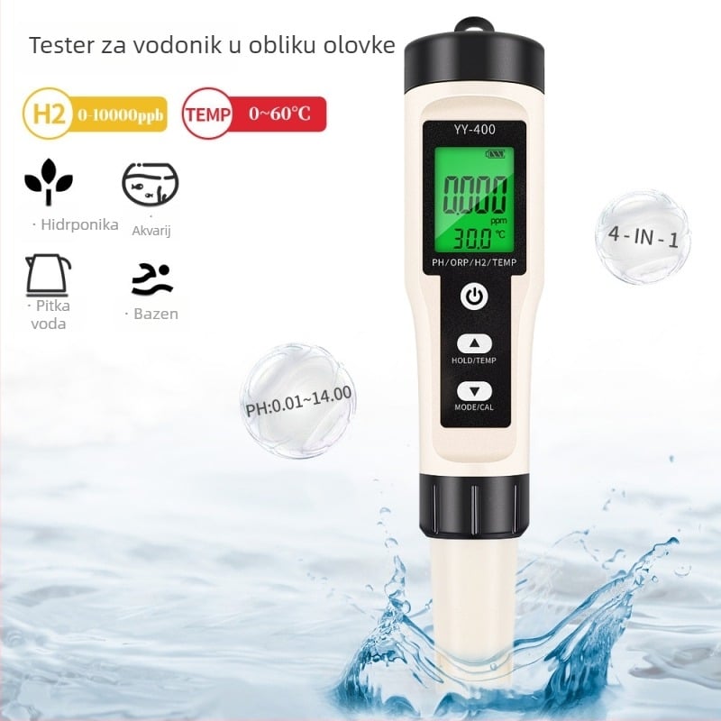 Prijenosni pH mjerač 4-in-1 s ORP, temperaturom i vodikom - raspon 0-14 pH, točnost ±0,05, LED pozadinsko osvjetljenje, model YY-400.