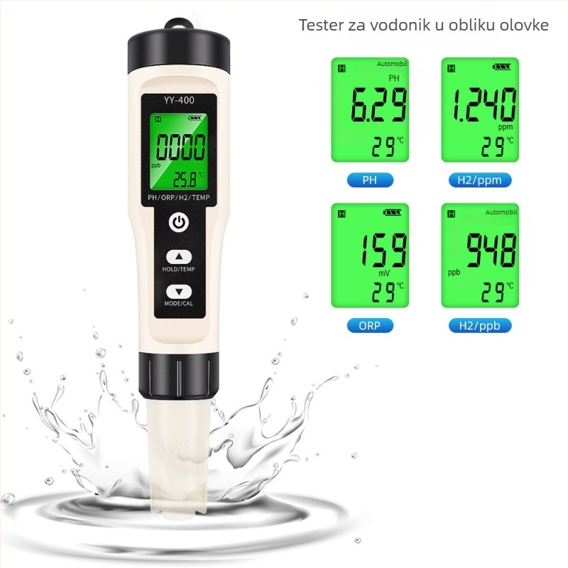 Prijenosni pH mjerač 4-in-1 s ORP, temperaturom i vodikom - raspon 0-14 pH, točnost ±0,05, LED pozadinsko osvjetljenje, model YY-400.