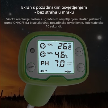 4-u-1 tester tla: temperatura, vlaga, sunčeva svjetlost i pH; visoko precizan senzor tla za voćnjake i vrtove