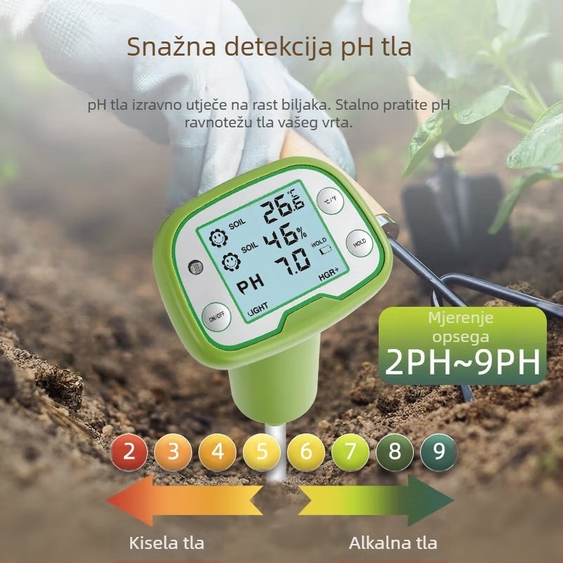4-u-1 tester tla: temperatura, vlaga, sunčeva svjetlost i pH; visoko precizan senzor tla za voćnjake i vrtove