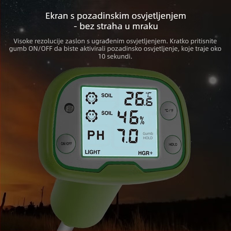 4-u-1 tester tla: temperatura, vlaga, sunčeva svjetlost i pH; visoko precizan senzor tla za voćnjake i vrtove