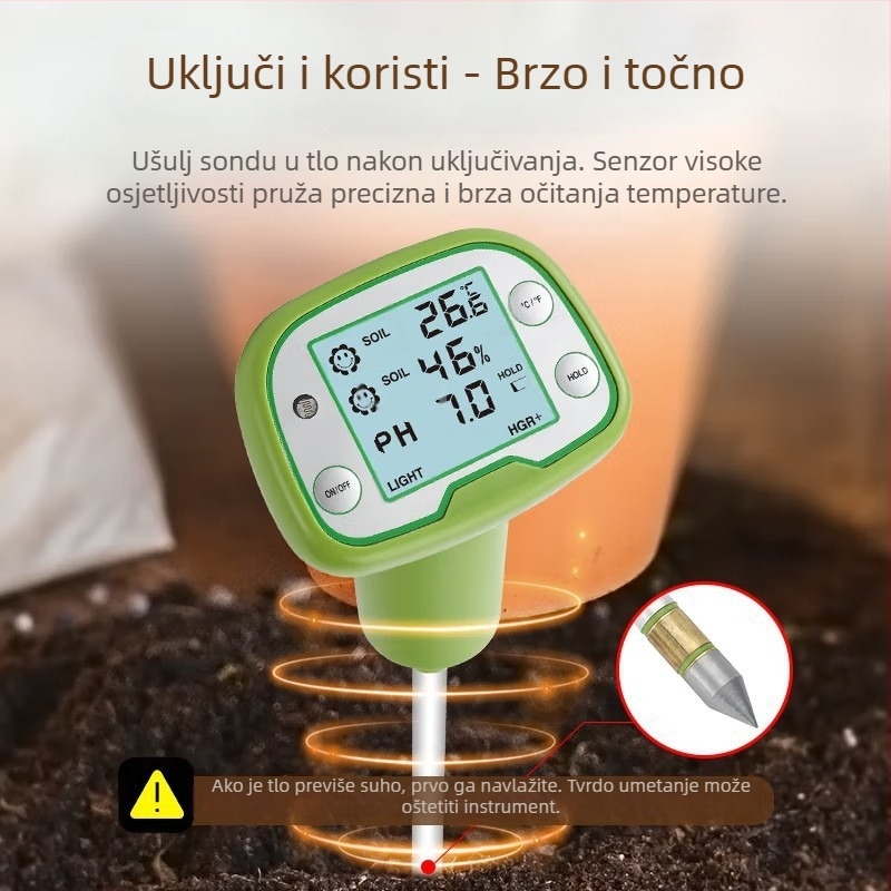 4-u-1 tester tla: temperatura, vlaga, sunčeva svjetlost i pH; visoko precizan senzor tla za voćnjake i vrtove