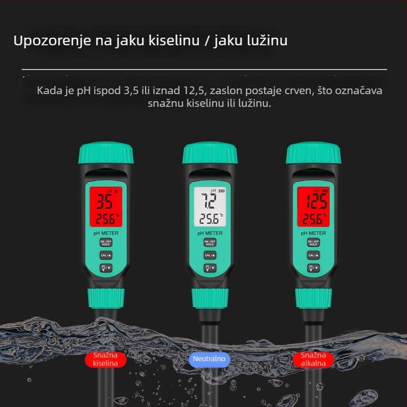 Hima PH818T prijenosni pH meter – digitalni zaslon, oštri vrh sonde, raspon 0.0–14.0 pH, točnost ±0.1 pH, temperaturna kompenzacija 0–70°C, napajanje 1.5V