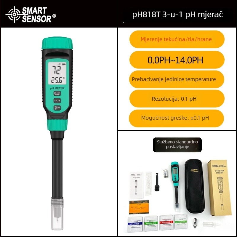 Hima PH818T prijenosni pH meter – digitalni zaslon, oštri vrh sonde, raspon 0.0–14.0 pH, točnost ±0.1 pH, temperaturna kompenzacija 0–70°C, napajanje 1.5V