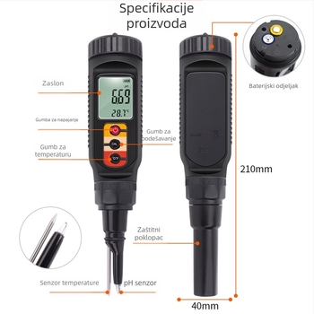Prijenosni pH mjerač PH-08 za akvarij — raspon 0–14 pH, točnost 0,1 pH, LCD zaslon, kompozitna elektroda, kompenzacija temperature 0–50°C