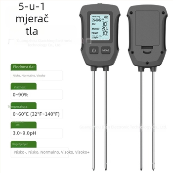 Pet-in-1 digitalni mjerni uređaj za tlo za lončanice – mjeri temperaturu tla, vlagu, plodnost, pH vrijednost i kompost