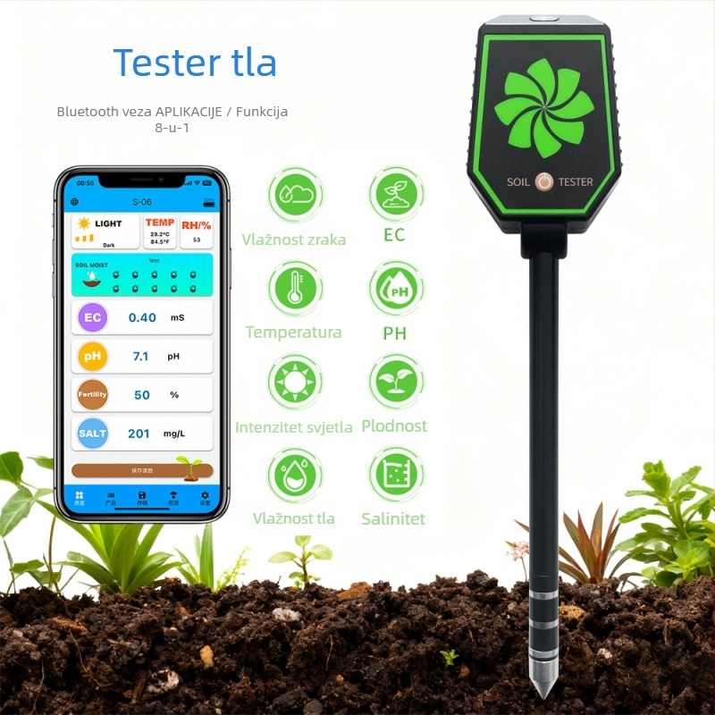 Pametni Bluetooth tester tla, osam u jednom za staklenike — mjerenje EC, pH i saliniteta