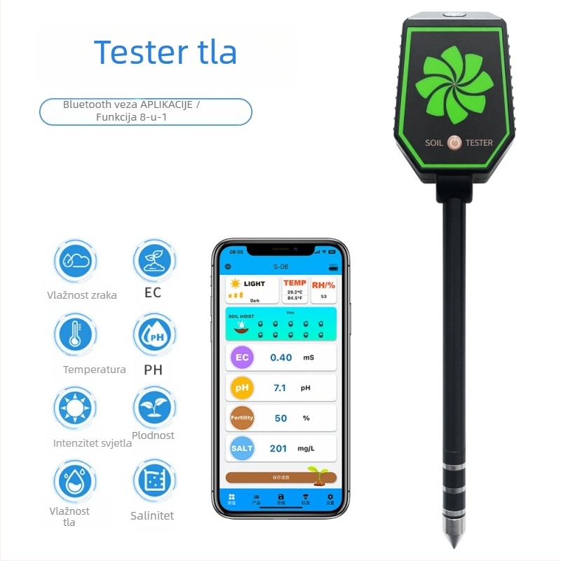 Pametni Bluetooth tester tla, osam u jednom za staklenike — mjerenje EC, pH i saliniteta