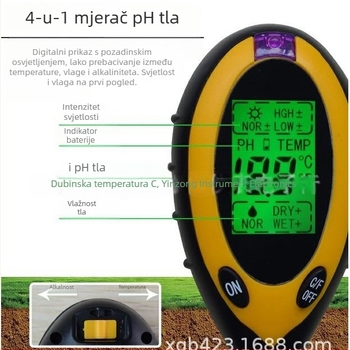 Četverozonijski senzor tla: mjeri pH, vlagu, temperaturu i svjetlost; digitalni prikaz; točnost mjerenja 0,1; pogodan za vrtove s cvijećem i povrćem te za uzgoj u stakleniku