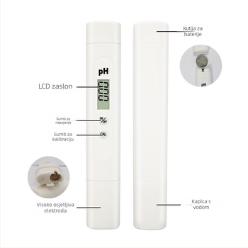 Prijenosni pH metar sa staklenom sondom, raspon 0–14 pH, točnost 0,01, kompenzacija temperature 0–60 °C
