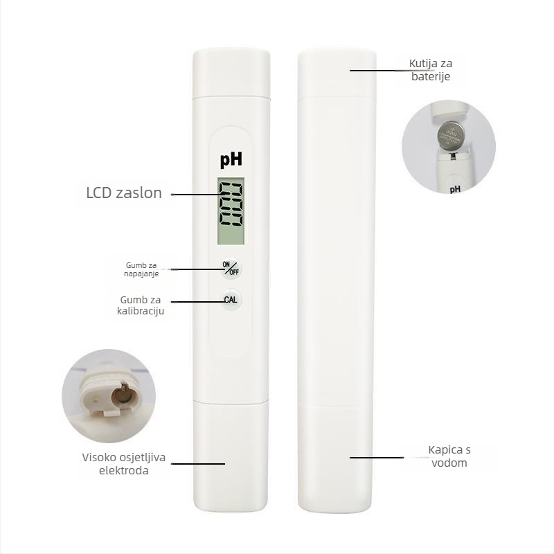 Prijenosni pH metar sa staklenom sondom, raspon 0–14 pH, točnost 0,01, kompenzacija temperature 0–60 °C