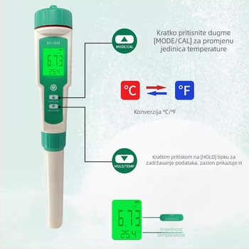 Prijenosni pH mjerač, digitalni zaslon, staklena sonda, raspon mjerenja 0-14 pH, model SY-1030